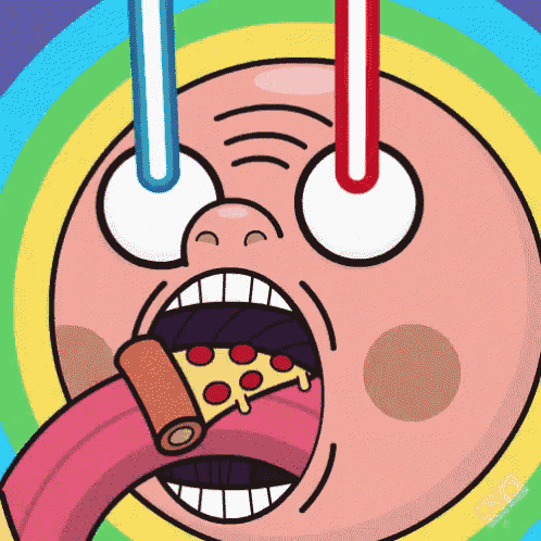 a cartoon character eating a slice of pizza