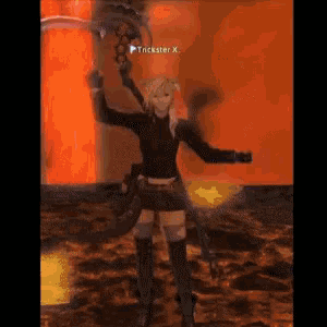 a video game character named trickster x is holding a scythe in her hand