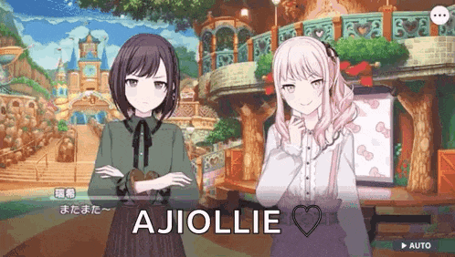 two anime girls are standing next to each other and the word ajiollie is on the bottom of the screen