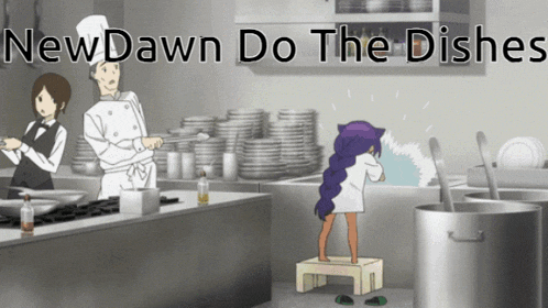 a picture of a kitchen with the words newdawn do the dishes on it