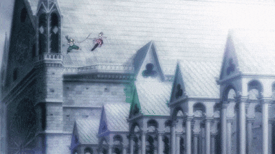 a group of people are flying over a building