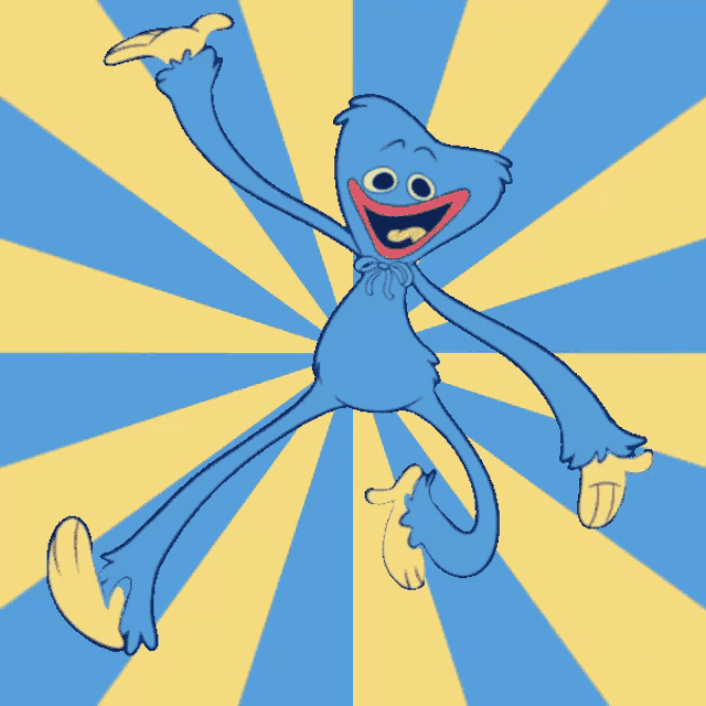 a blue cartoon character is jumping in the air with his arms outstretched