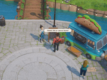 a video game called coral island shows a man and woman talking to a taco truck