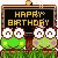a pixel art happy birthday sign with frogs and flowers on it .