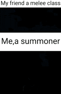 a picture of a person sitting in a chair with the words `` my friend a melee class me , a summoner ''