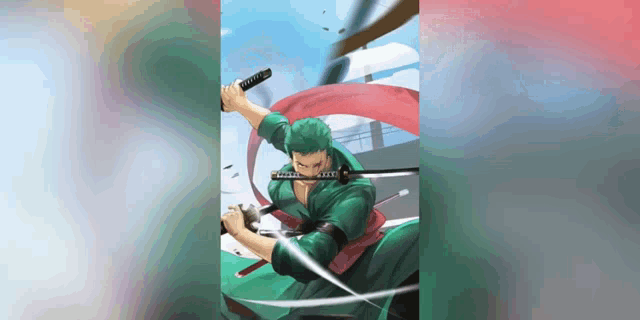 a man in a green outfit is holding a sword