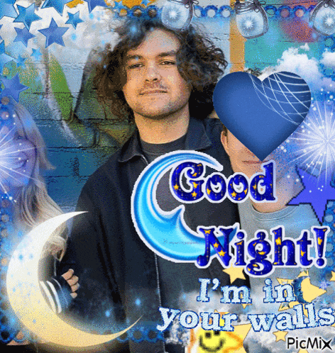 a picture of a man and woman with the words good night i 'm in your walls on it