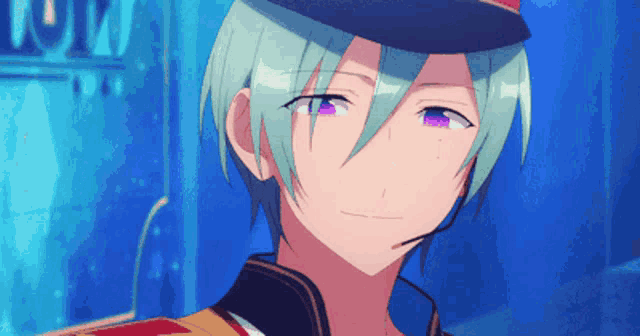 a man with green hair and purple eyes is wearing a black hat
