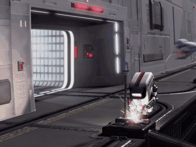 a space ship is flying through a doorway with the number 11 on the wall behind it
