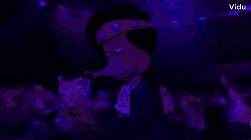 a cartoon of a man holding a bag of chips with the word vidu on the bottom left