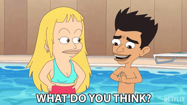a cartoon of a man and a woman in a swimming pool with the words what do you think below them