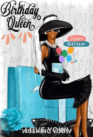 a woman in a black dress and hat is sitting on a box with balloons .