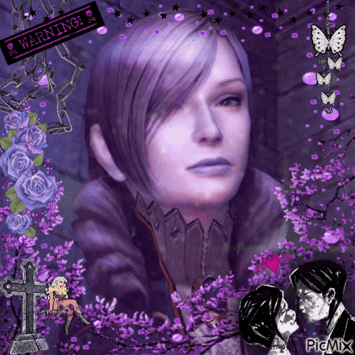 a woman with purple hair is surrounded by purple flowers and a sign that says " warning "
