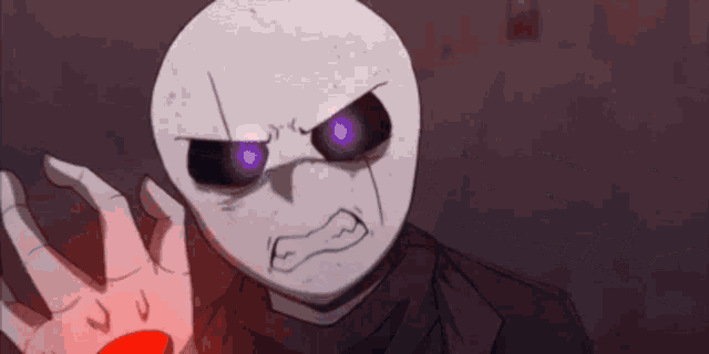 a cartoon character with purple eyes and a black shirt is holding a red object in his hand .