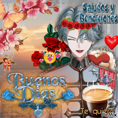 a picture of a man with a cup of coffee and the words buenos dias on it