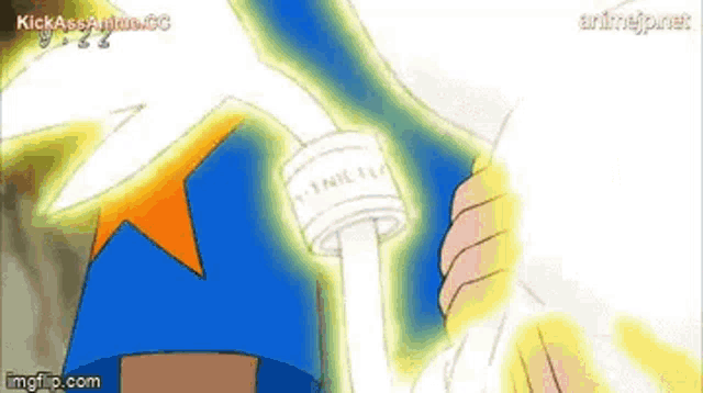 a cartoon character is holding a white object in their hand .