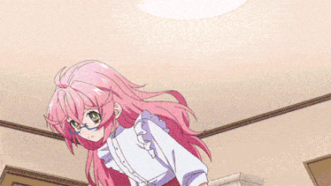 a close up of a girl 's face with pink hair and blue glasses