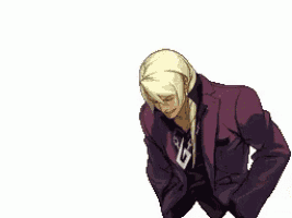 a pixel art of a man in a purple suit and tie .