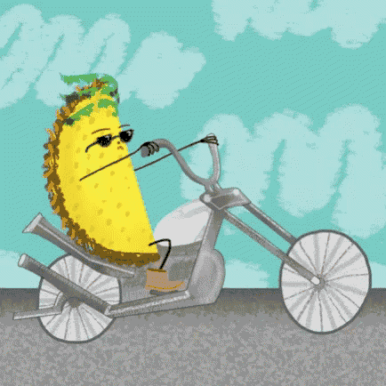 a cartoon taco wearing sunglasses is riding a motorcycle .