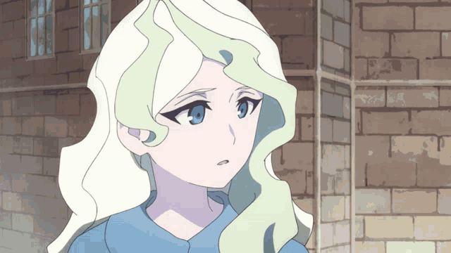 a girl with white hair and blue eyes is standing in front of a brick building