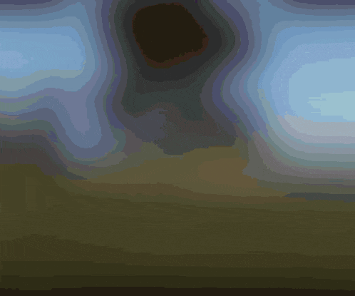 a painting of a landscape with a blue sky and clouds