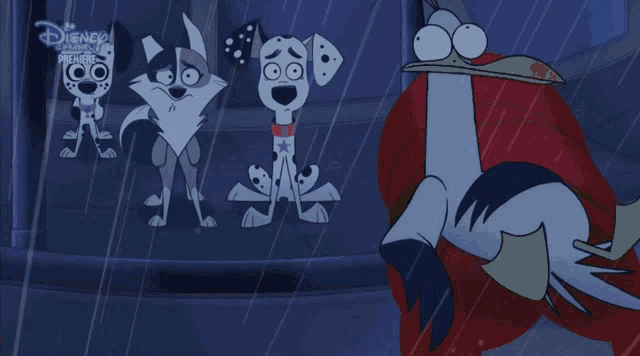 a dalmatian is sitting in the rain with a disney channel logo behind him