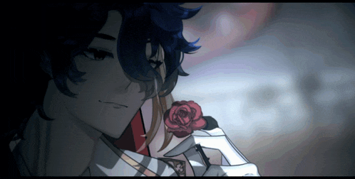 a man with blue hair is holding a rose in his hand