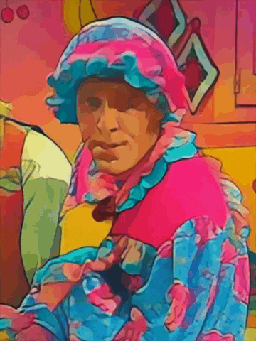 a colorful drawing of a woman wearing a pink and blue hat