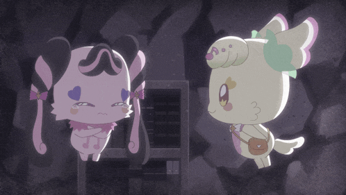 two cartoon characters are standing next to each other and one has a sad look on her face