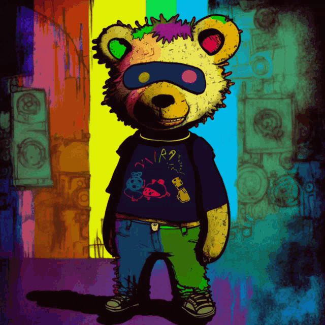 a colorful teddy bear wearing a shirt that says r9
