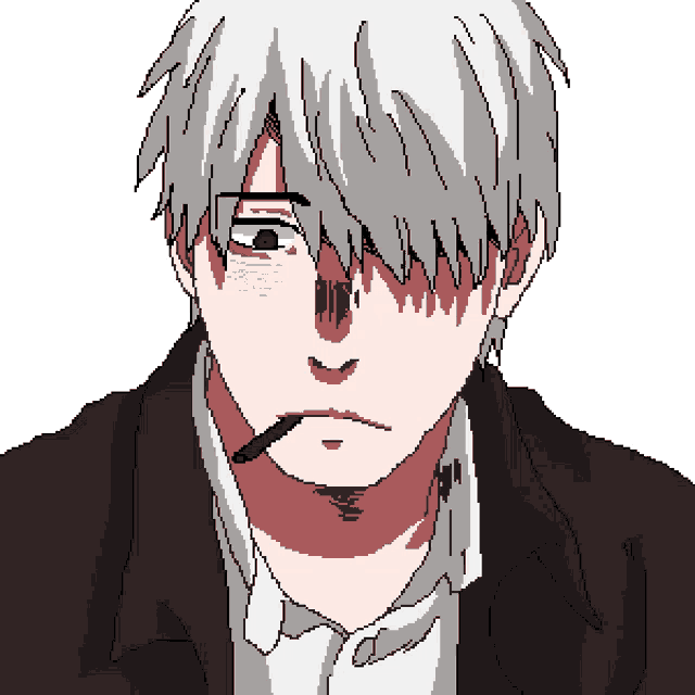 a pixel art drawing of a man with white hair smoking a cigarette