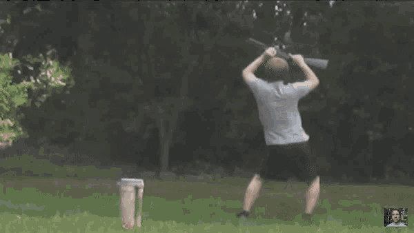 a man is holding a shotgun over his head in a field