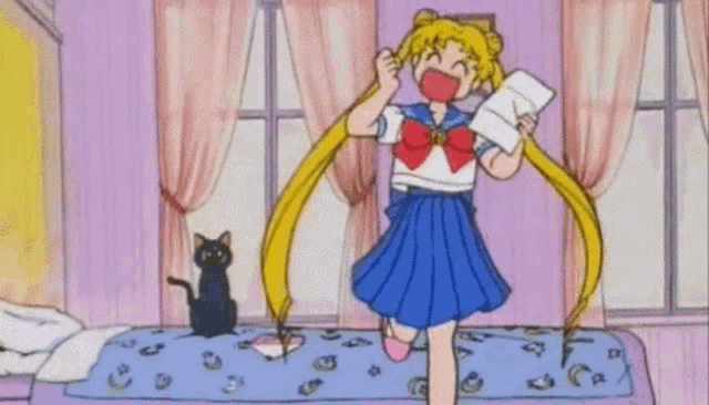 a cartoon of a girl standing on a bed with a cat