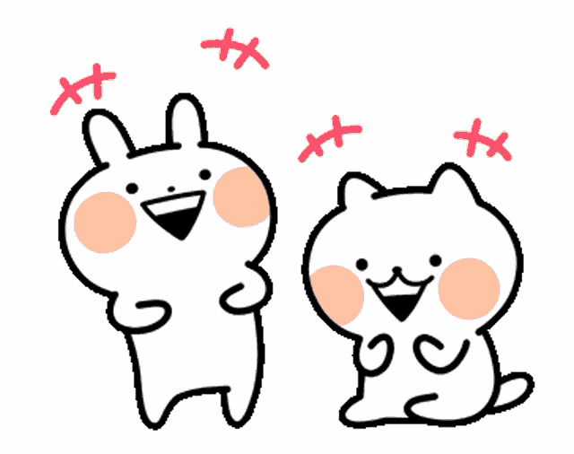 a rabbit and a cat are standing next to each other with red crosses on their heads