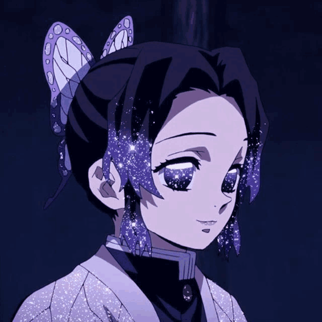 a close up of a girl with purple hair and a butterfly earring