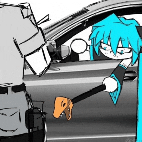 a drawing of a girl in a car with a hammer in her hand