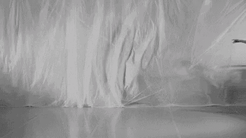a black and white photo of two ballerinas dancing in a room .