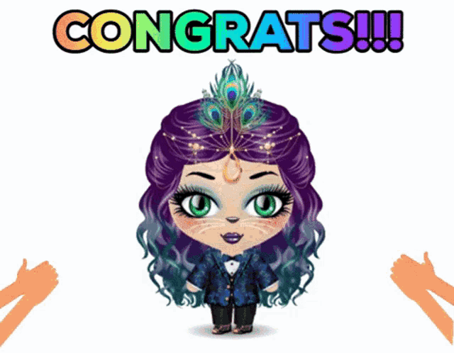 a cartoon girl with purple hair and a peacock feather on her head says congrats !!!