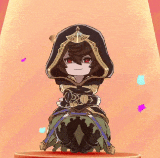 a cartoon character with red eyes is sitting on a podium .