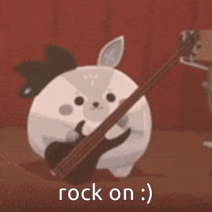 a cartoon rabbit is holding a guitar and says rock on .