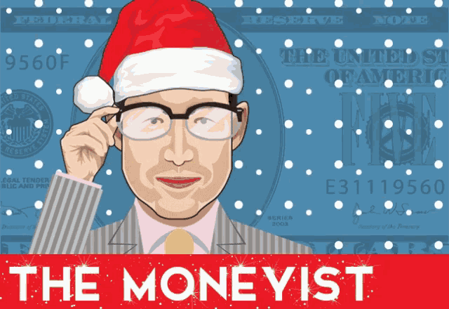 a cartoon of a man wearing a santa hat and glasses with the words the moneyist below him