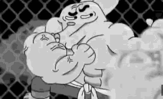 a black and white drawing of a cartoon character fighting another character in a boxing ring .