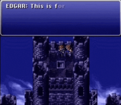 a screenshot of a video game with edgar saying " this is for dad "