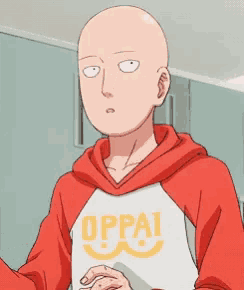 a bald man wearing a red and white hoodie with the word oppai on it .
