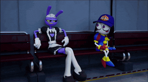 two cartoon characters are sitting on a bench one wearing a hat that says sonic the hedgehog