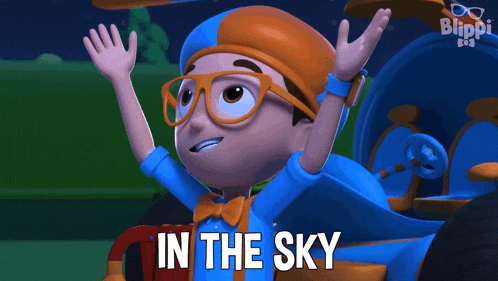 a cartoon character with glasses and a helmet says in the sky