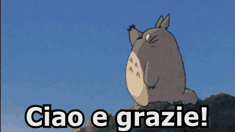 a picture of a totoro with the words ciao e grazie on the bottom