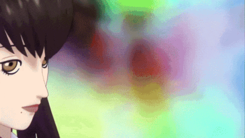a close up of a girl 's face with a colorful background behind her