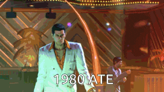 a man in a white suit is standing in a room with 1980 ate written on the bottom