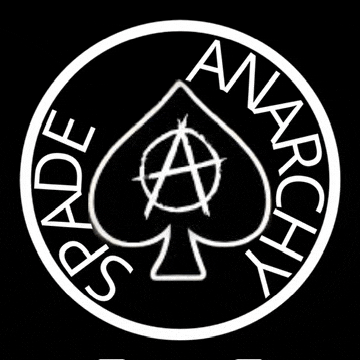 a white spade with an anarchy symbol inside of a white circle
